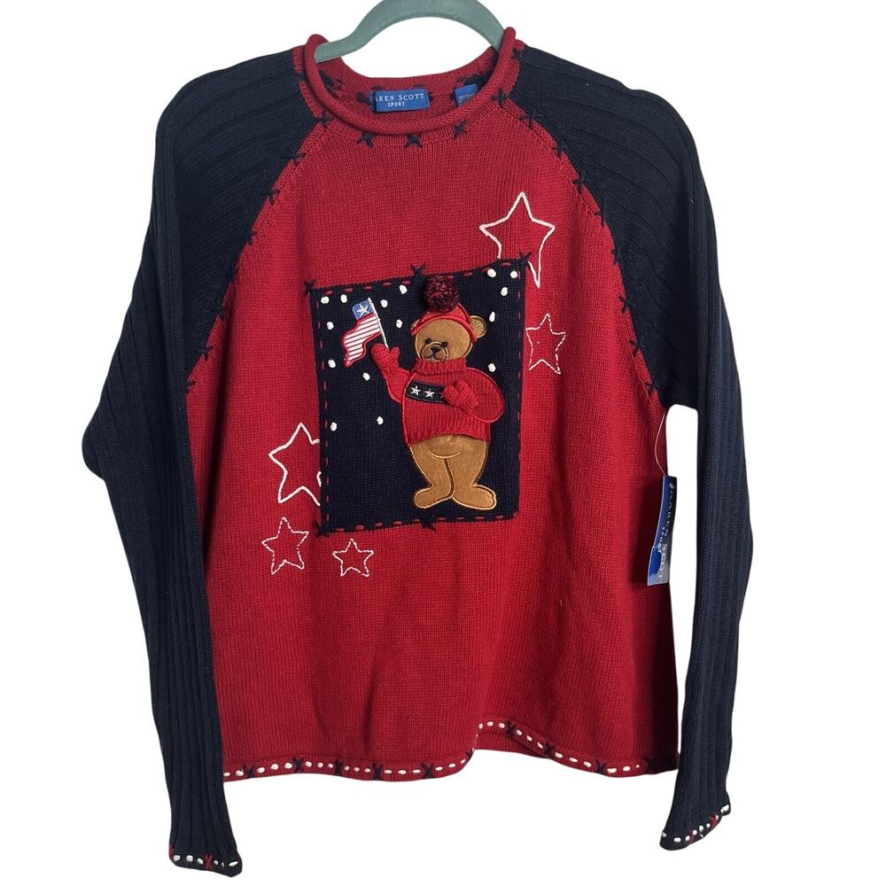 Karen Scott Sport Large Red White Blue Sweater USA Flag July 4th Bear Cotton